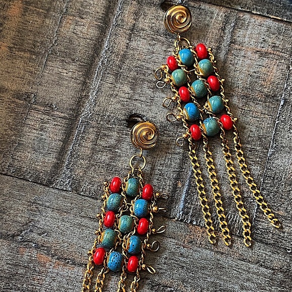 NEW Ceramic Beaded Gold Tassel Earrings - Picture 3 of 13